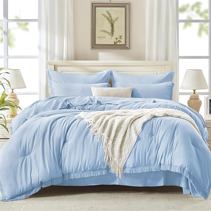 Andency Queen Comforter Set with Sheets Light Blue - 7 Pieces Boho Tassel Bed in a Bag Soft Lightweight Bedding Sets, Fringe Bed Set with Comforter, Sheets, Pillowcases & Shams