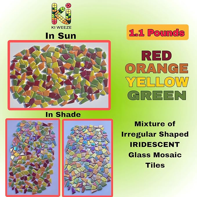 Irregular Glass Mosaic Tiles Bulk 500g Glossy and Iridescent Mosaic Glass Tiles for DIY Projects and Arts and Crafts Solid Colors and Mixes (Iridescent Red, Orange, Yellow & Green)