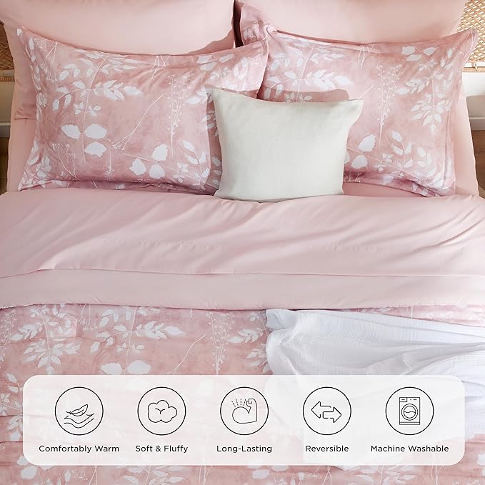 Bedsure Full Size Comforter Set - 7 Pieces Floral Pink Soft Bedding Sets, Full Bed in a Bag with Botanical Flowers Comforter, Sheets, Pillowcases & Shams