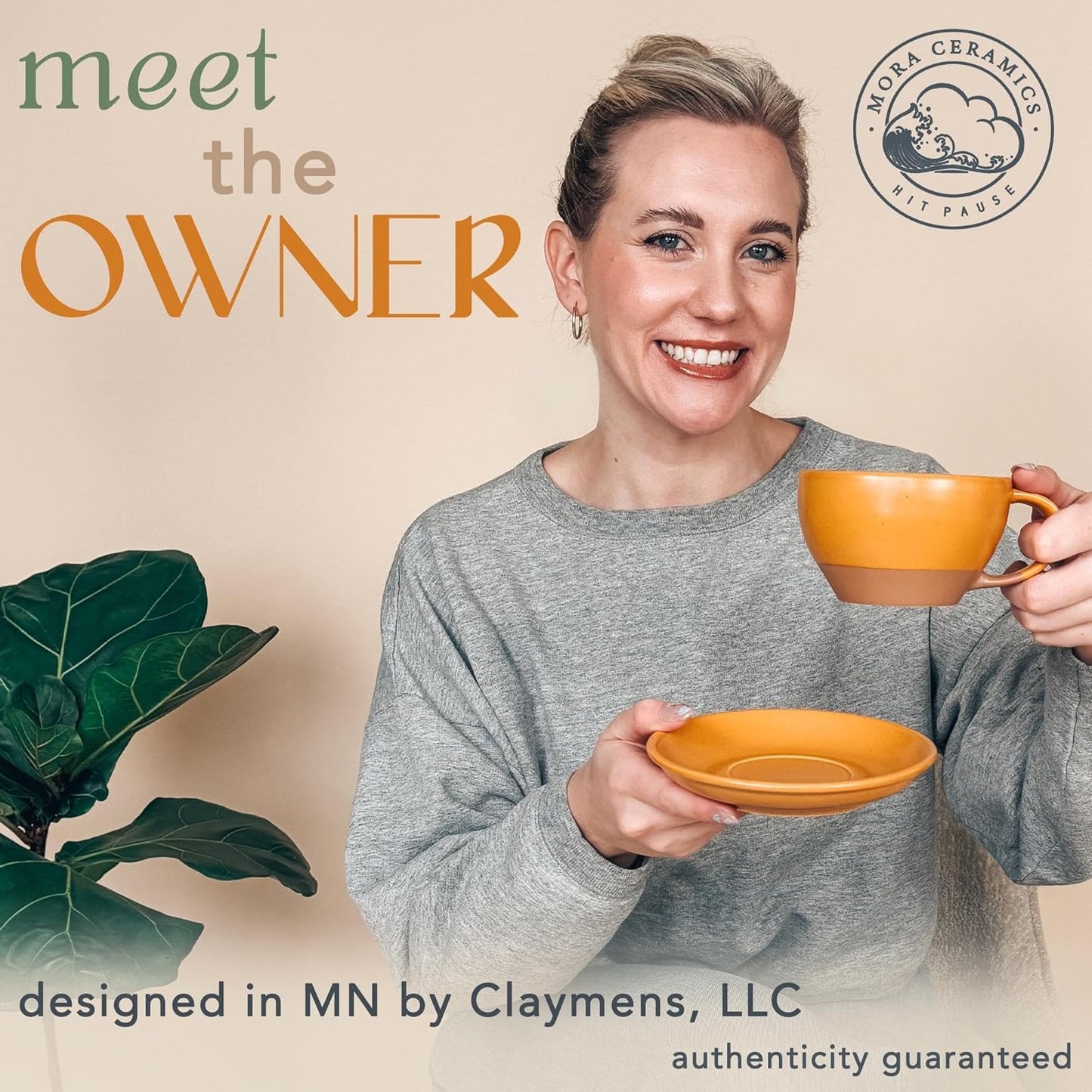 Mora Ceramic Latte Art Mug With Saucer - 10.5 oz, Round Bottom For Perfect Pours - Cafe Cups for Cappuccino, Espresso, Coffee, Tea etc - Porcelain Set for Baristas, Great Gift - Pumpkin Orange