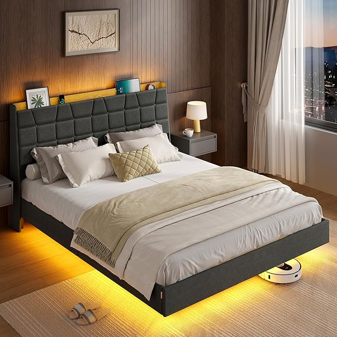 VASAGLE Queen Size Floating Bed Frame with LED Lights, Upholstered Queen Bed Frame with Charging Station, Tufted Storage Headboard, Noise-Free, No Box Spring Needed, Dark Gray URMB851G71SV1