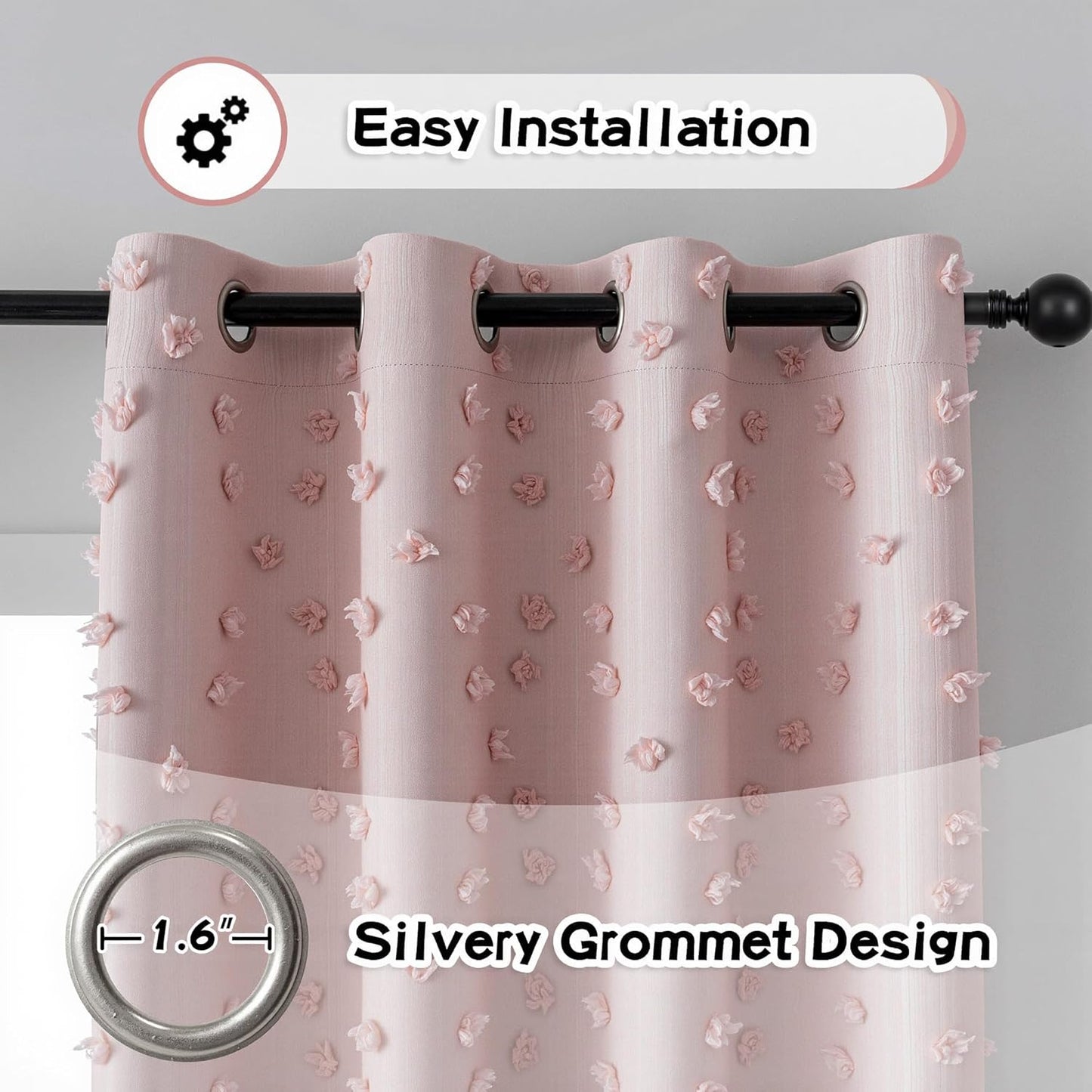 MYSKY HOME 100% Blackout Curtains for Girls Bedroom 84 Inch Long Total Light Blocking Blush Pink Curtain for Living Room 2 Panels Room Darkening Grommet Window Drapes with Pom Pom Sheer 52W x 84L