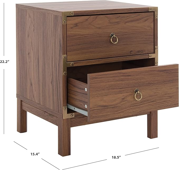 SAFAVIEH Home Collection – Galio Walnut & Gold 2-Drawer Nightstand, Vintage-Inspired Bedside Table with Storage for Bedroom (NST9600A)