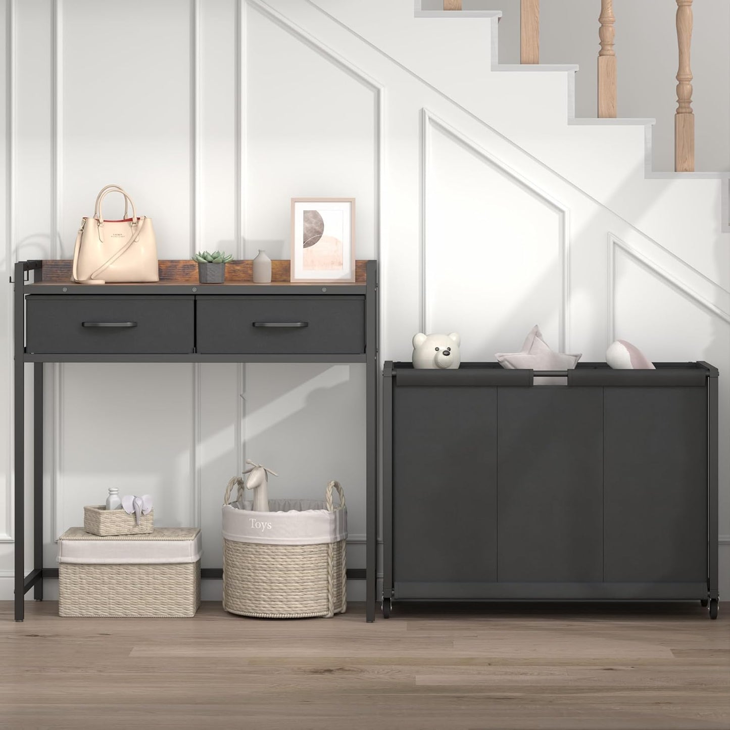 Laundry Hamper Laundry Basket with 3 Section Pull-Out Rolling Bags, Laundry Sorter for Organization and Storage with 2 Pull-Out Drawers for Laundry Room, Bathroom, Bedroom Use (Rustic Brown)