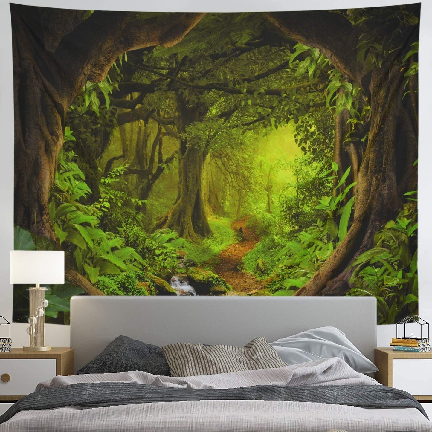 Tushelia Forest Nature Tapestry - Tree Cave Wall Hanging, Misty Forest Stream Through Rainforest Landscape, Jungle Creek Psychedelic for Living Room