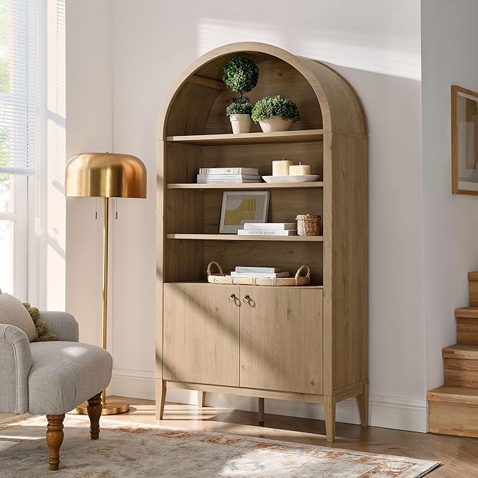 Modway Nolan Tall Arched Storage Display Cabinet in Light Oak - 74 Inch Arch Bookshelf with Open and Closed Shelving - Modern Accent Cabinet for Living Room, Dining Room