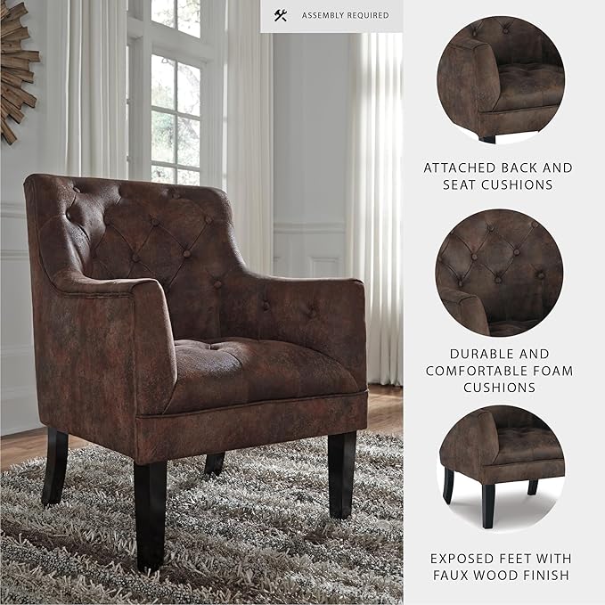 Signature Design by Ashley Drakelle Traditional Accent Chair with Diamond Button Tufting, Attached Cushions, Fabric Upholstery, 20.5" Seat Height, Dark Brown