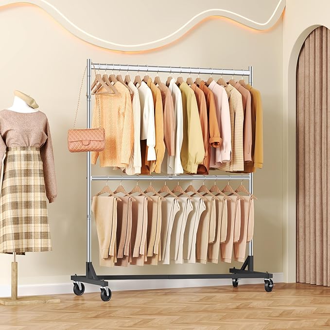 Hoctieon Double Rod Clothes Racks with Z-Base, Adjustable Clothing Rack, Standing Clothes Rack, Metal Clothing Racks for Hanging Clothes, Rolling Garment Rack, Chrome