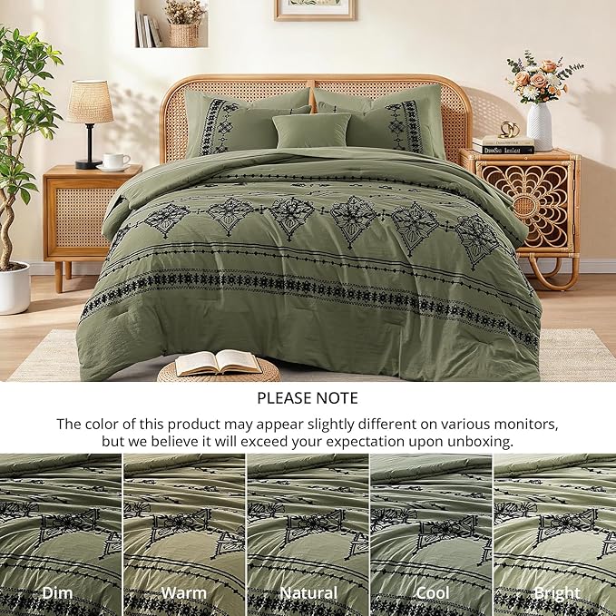 MaiRêve Queen Size Comforter Set Olive Green, Embroidery Floral Western Boho Bedding Set, All Season 7 Pieces Bed in a Bag with Sheets, Pillowcases & Shams