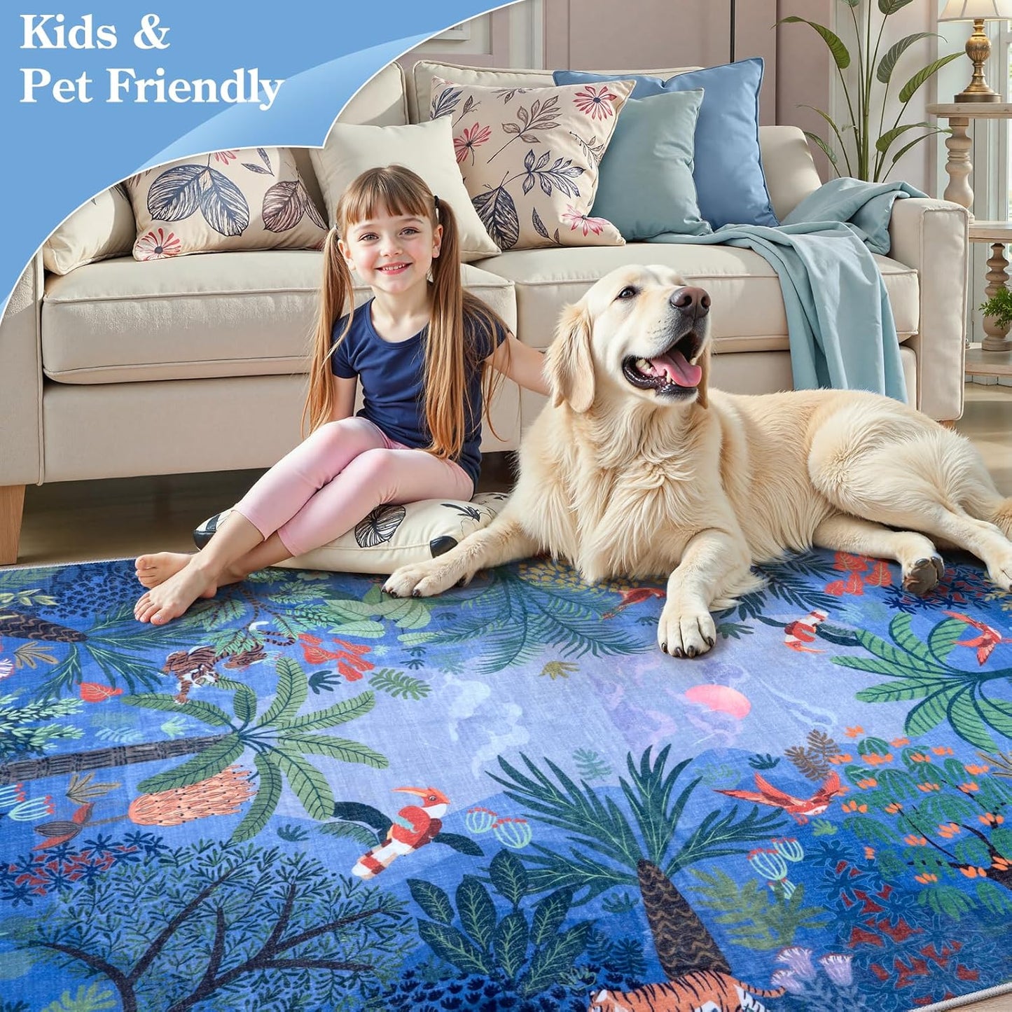 LIVEBOX Jungle Animal Print Dining Room Rugs for Under Table, Soft Modern Rug for Living Room, Washable Kids Rugs for Boy Bedroom, Non-Skid Blue Kids Carpet Playmat Rug for Play