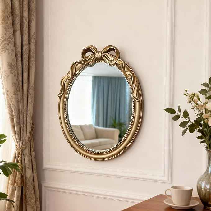Vintage Vanity Desk Mirror - 13x10 Inch Wall-Mounted & Tabletop Decorative Ornate Champagne Gold Accent Retro Makeup Mirror for Bedroom Dresser Bathroom Living Room Dorm Oval