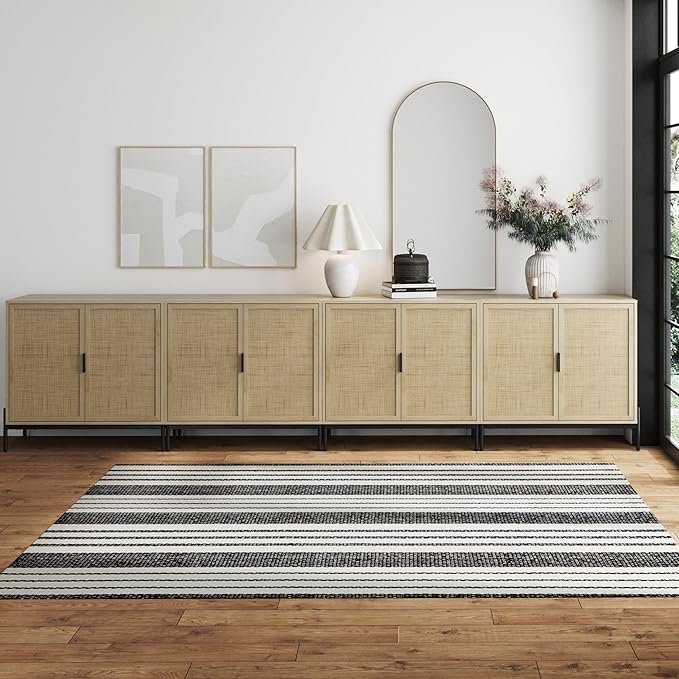 Nathan James Andrew Bohemian TV Stand or Kitchen Sideboard Credenza, Rattan Accent Cabinet with Metal Legs, Light Oak/Matte Black, Set of 4