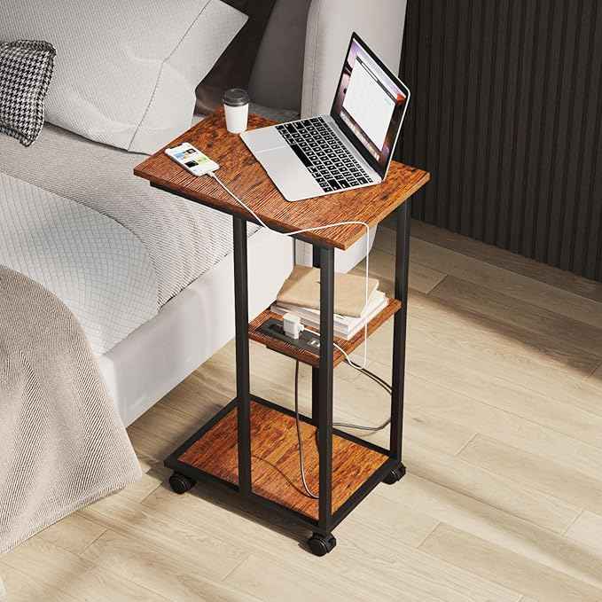 C Shaped End Table - C Table on Wheels - Bedside Table with Wheels, Power Outlet and USB - Sofa Table for Living Room, Bedroom, Small Spaces - 27.2'' High, Brown