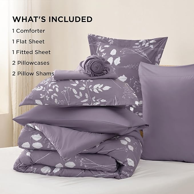 Bedsure Grayish Purple King Comforter Set - 7 Pieces Floral Bedding Sets King Bed in a Bag with Reversible Botanical Flowers Comforter, Sheets, Pillowcases & Shams