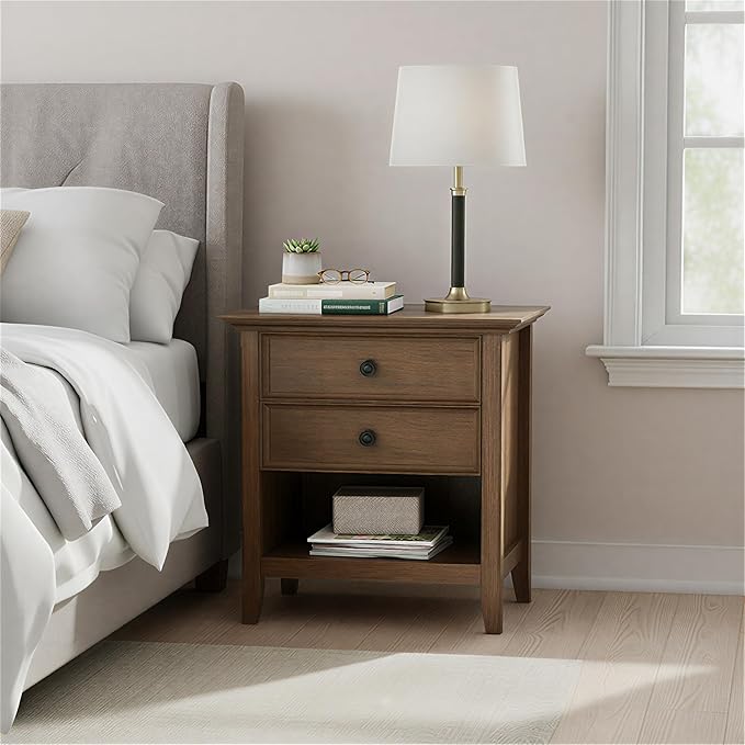 SIMPLIHOME Amherst Bedside Table - 24 inch Wide Solid Wood Nightstand Table in Rustic Natural Aged Brown, Transitional Bedroom Side or End Table with 2 Drawers, Open Storage Shelf and Bronze Hardware