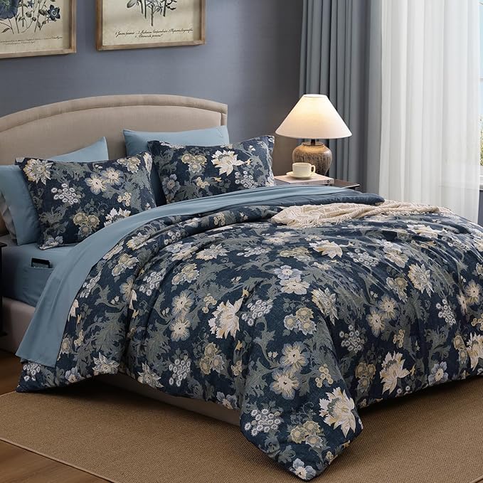King Comforter Set -7 Pieces Floral Antique Blue Comforter Set for All Seasons, Bed in a Bag King with Botanical Flowers Comforter, Sheets, Pillowcases & Shams