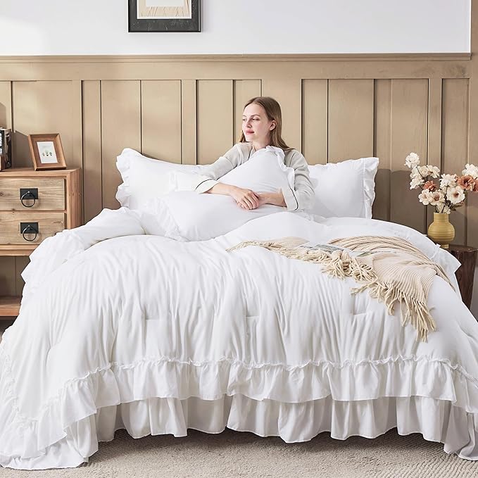 Andency White California King Comforter Set, 3 Pieces Lightweight Fluffy Farmhouse Shabby Chic Bedding Comforter Sets, Soft Microfiber All Season Cal King Bed Sets(104x96Inch)