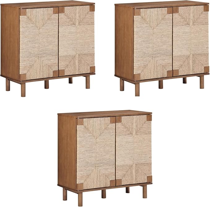 Nathan James Beacon Boho Accent Cabinet with Doors, TV Stand with Adjustable Interior Shelf and Seagrass Accent, Dark Brown, Set of 3