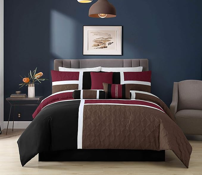 Chezmoi Collection Upland 7-Piece Quilted Patchwork Comforter Set, Burgundy/Black/Brown, Queen