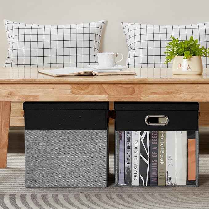 Fabric Storage Cubes with Clear Windows and Lids, 13'' Foldable Storage Bins with 3 Handles, Decorative Storage Boxes for Home, Bedroom, Closet, Office (Black&Gray)