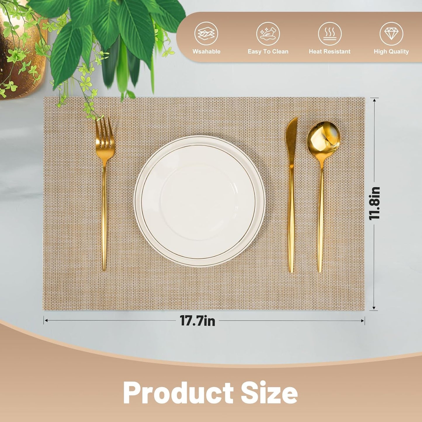 Placemats Set of 6，Non-Slip PVC Weave Table Mats Easy to Clean，Heat Resistant Place Mats for Kitchen Dining Table Decoration Indoor Outdoor，Beige