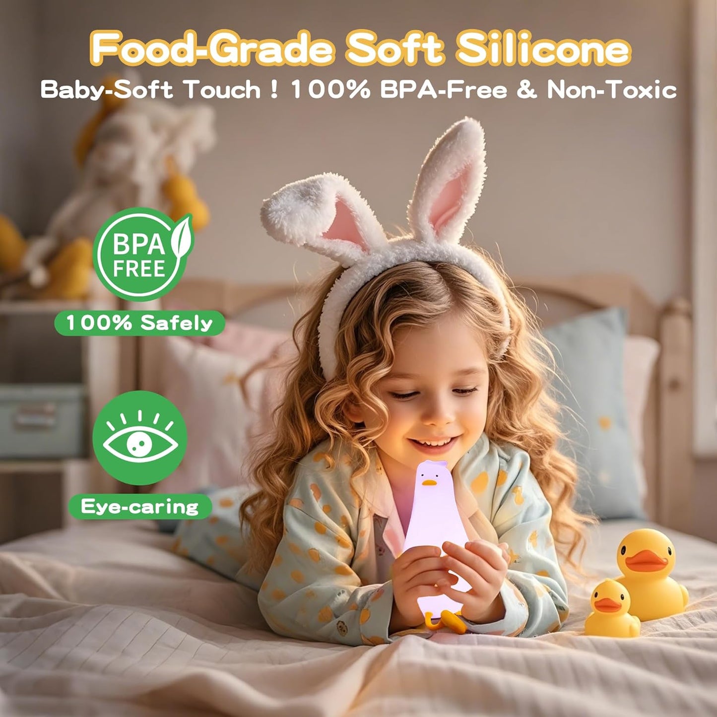 Cute Duck Night Light with Color Changing, APP/Tap Control Fun Lying Flat Ducky Lamp with Blind Box Gift,Soft Silicone Nursery Nightlight,Dimmable/Timing Bedside Touch Lamp,Baby Adults Kids Room Decor