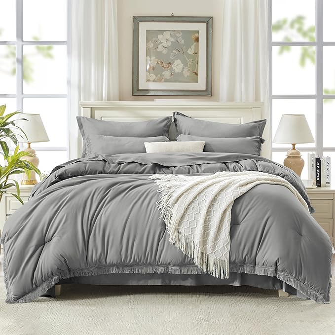 Andency King Size Comforter Set with Sheets Medium Grey - 7 Pieces Bed in a Bag Boho Soft Lightweight Bedding Sets, Tassel Bed Set with Comforter, Sheets, Pillowcases & Shams