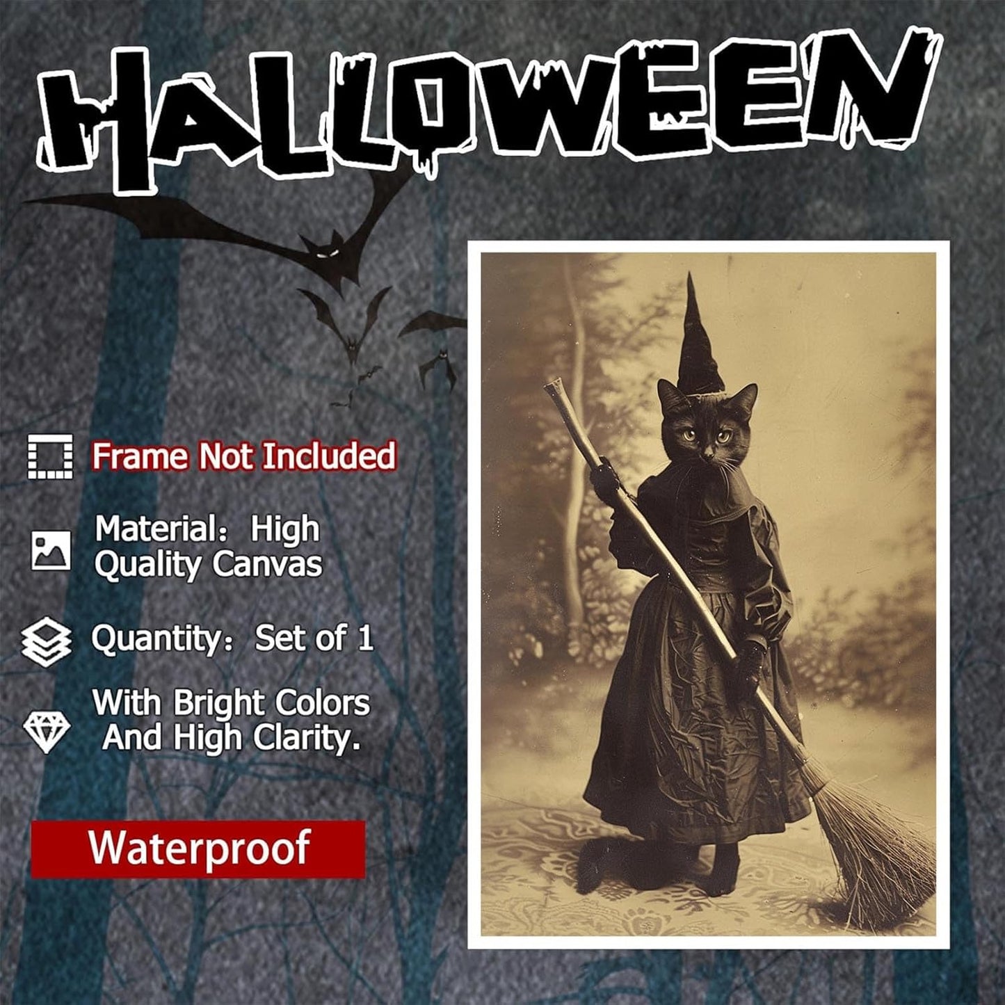 Halloween Decor Posters Black Cat Witch Canvas Wall Art Vintage Spooky Print Of Gothic Room Family Dark Academia Decorations Creepy Picture Poster Aesthetic 16X24inch Unframed