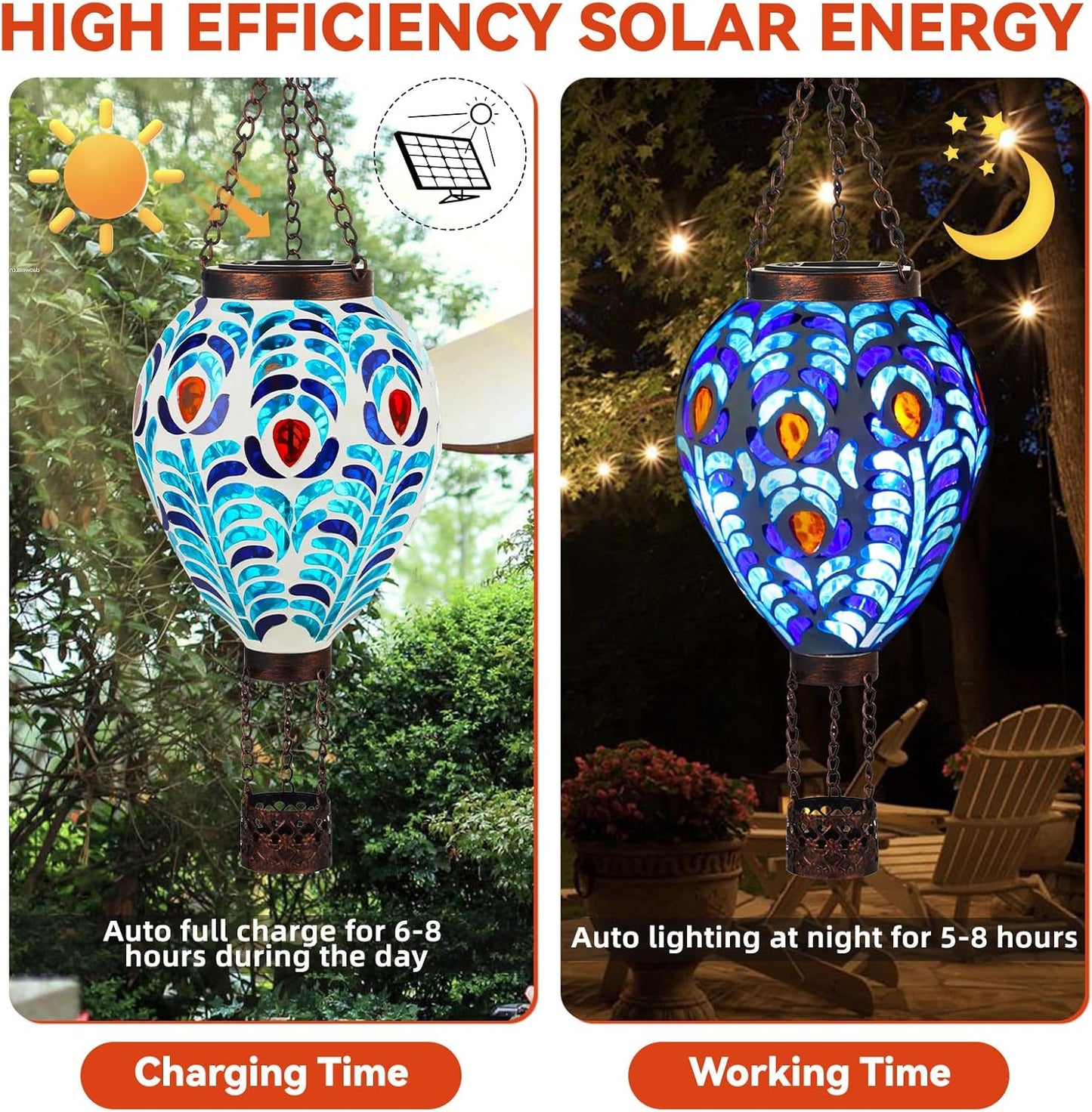VOREEN Hot Air Balloon Solar Lantern, Mosaic Solar Outdoor Hanging Wind Light, Waterproof, Patio Festive Decor, Gift for Mom Wife Friend, Peacock Feather Design
