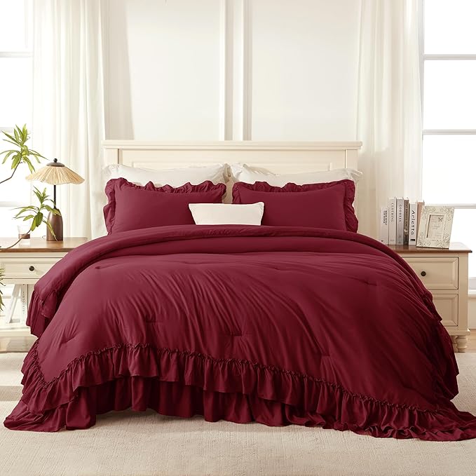 Andency Burgundy California King Comforter Set, 3 Pieces Lightweight Fluffy Farmhouse Shabby Chic Bedding Comforter Sets, Soft Microfiber All Season Cal King Bed Sets(104x96Inch)