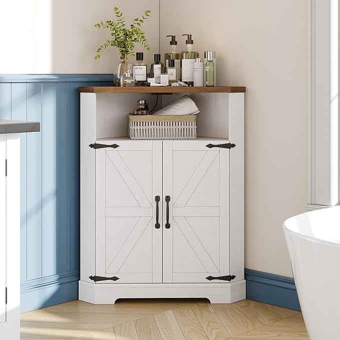 Vabches Farmhouse Corner Cabinet with Charging Station,Small Corner Storage Cabinet with Barn Doors and Adjustable Shelves for Living Room,Bathroom,and Kitchen