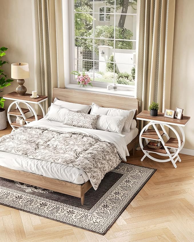 LITTLE TREE End Table, Set of 2 Narrow Side Table with 4-Tier Large Storage Space, Modern Bedside Table for Living Room, Home Office, Bedroom, Brown and White