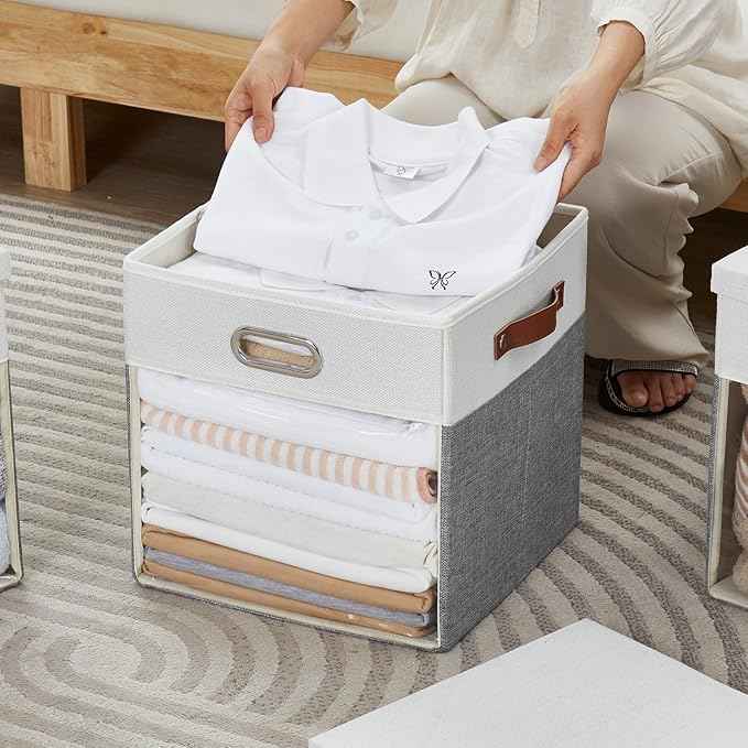 Fabric Storage Cubes with Clear Windows and Lids, 13'' Foldable Storage Bins with 3 Handles, Decorative Storage Boxes for Home, Bedroom, Closet, Office (Gray & White)