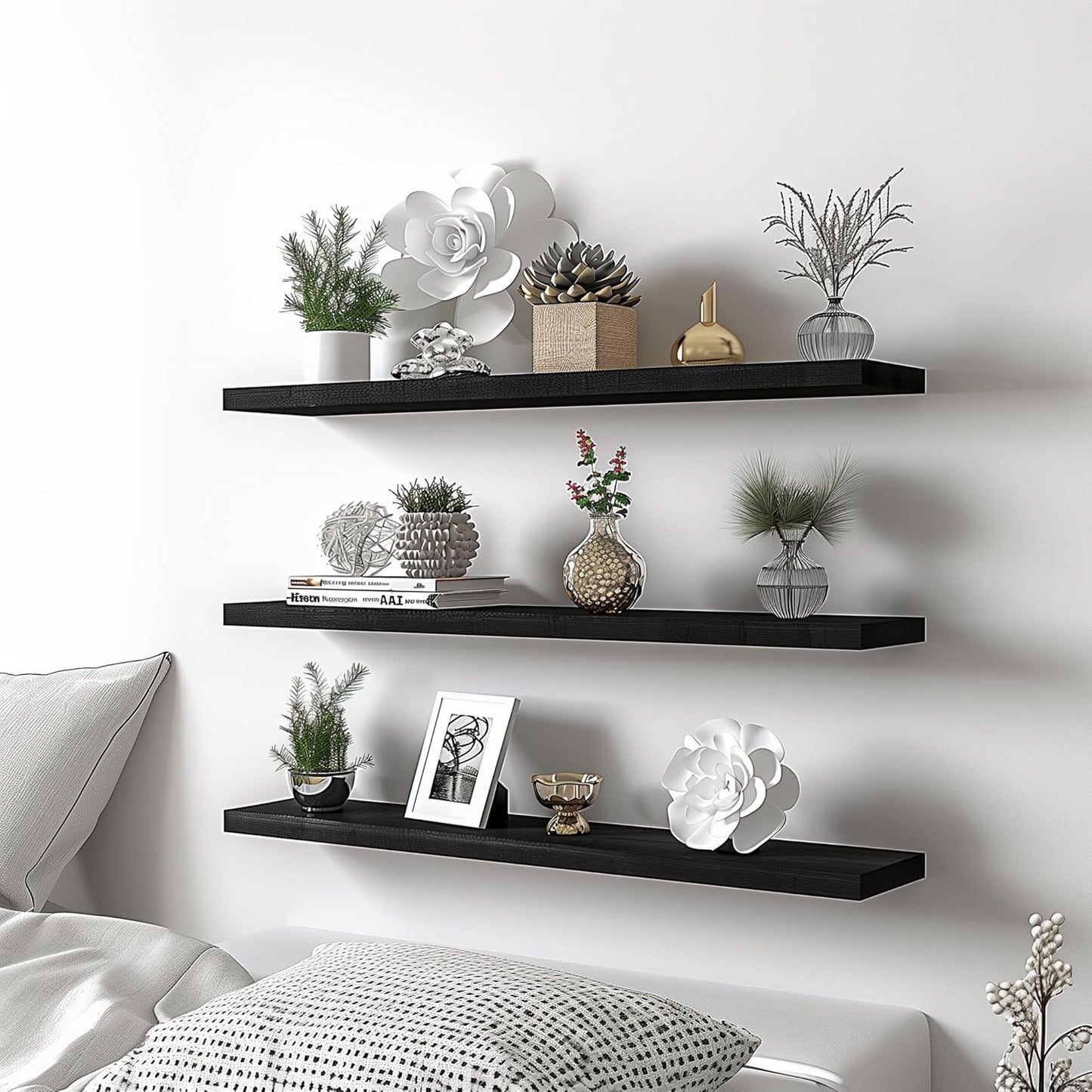 Wood Floating Shelves for Wall Decor, Rustic Wall Shelves for Bedroom Bathroom Kitchen Living Room, Set of 4 Black 36 Inch - Décor Diaries