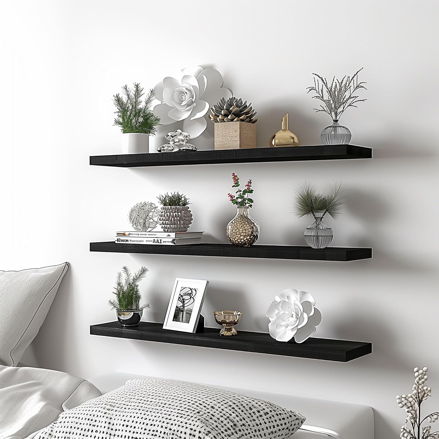 Wood Floating Shelves for Wall Decor, Rustic Wall Shelves for Bedroom Bathroom Kitchen Living Room, Set of 4 Black 36 Inch - Décor Diaries