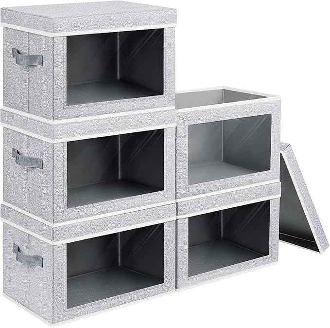 Stackable Storage Bins with Lids - Large Decorative Basket with Lids, Fabric Foldable Closet Organizer Bins, Shelf Organizer for Living Room, Dorm, 5 Pack, Blended