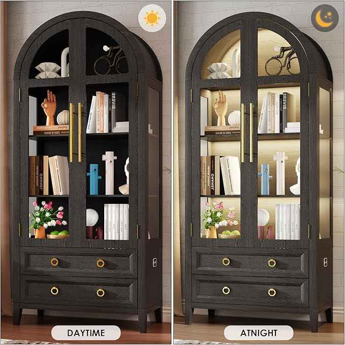 Arched Curio Cabinet with Glass Doors, 4-Tier Display Cabinet with 2 Drawers, Tall Bookcase with 3 Color Lights, Display Case, Kitchen Pantry (Black)