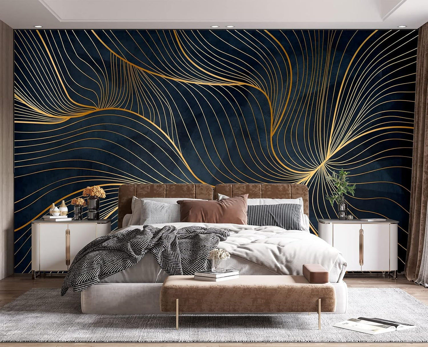 Simple Golden Lines Wall Mural Wallpaper for Bedroom 178" x 117"