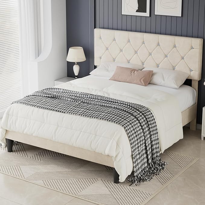 VECELO Full Size Bed Frame with Diamond Tufted Headboard, Upholstered Platform Bedframe with Wood Slat Support, No Box Spring Needed, Pala Beige