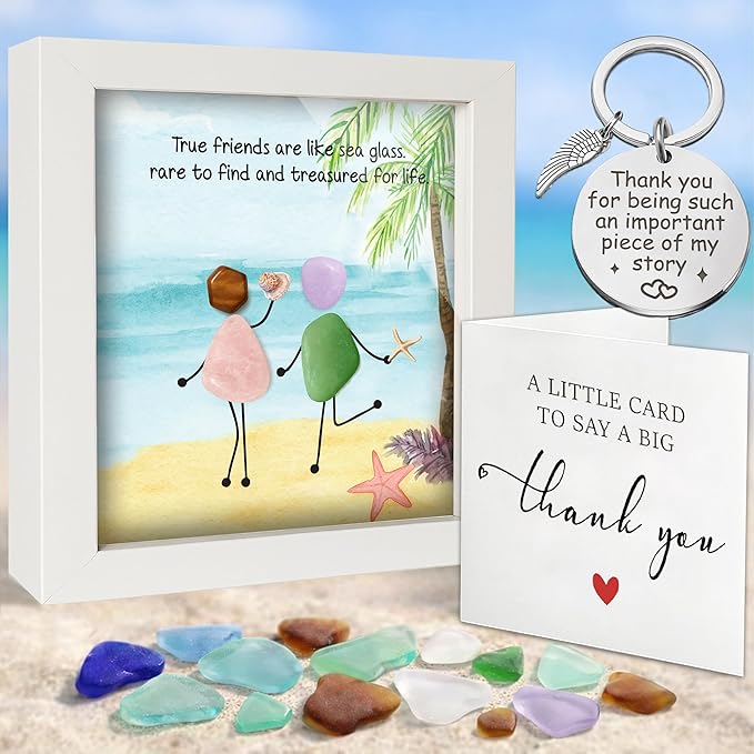 Friendship Birthday Gifts for Women, 5.5" Sea Glass Art Frame Best Friend Wall Art Decor, Engraved Bestie Keychain, Thank You Card, Appreciation Presents for Her Sisters, BFF, Besties, Friends S94-55
