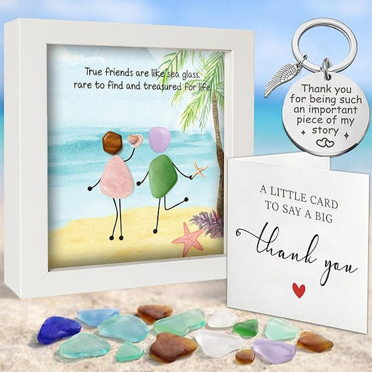 Friendship Birthday Gifts for Women, 4.7" Sea Glass Art Frame Best Friend Wall Art Decor, Engraved Bestie Keychain, Thank You Card, Appreciation Presents for Her Sisters, Friends, BFF, Besties S94-47