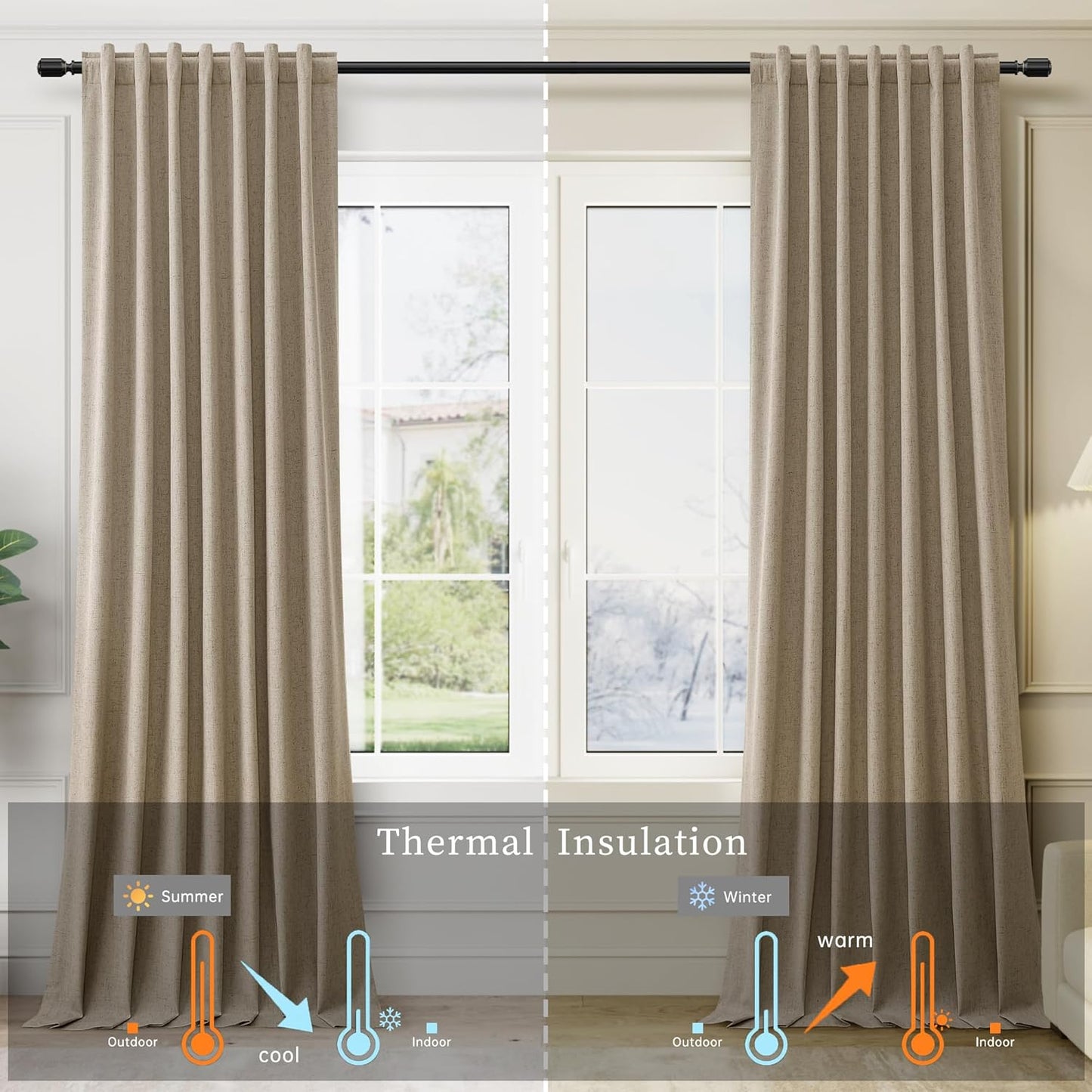 BOODII 108 Inch Black Out Curtains 2 Panels Set Back Tab Thermal Insulated Natural Linen Textured Blackout Curtains Noise Reducing Khaki Neutral Living Room Darkening Window Drapes Pleated 52x108