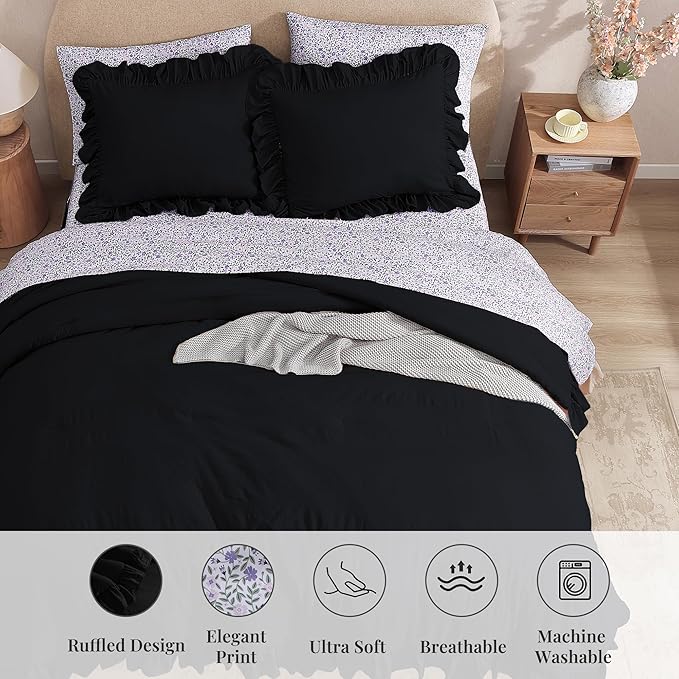 King Comforter Set - 7 Pieces Ruffle Black Bedding Sets, Shabby Chic Farmhouse Bed in a Bag King with Ruffle Comforter, Floral Sheets, Pillowcases & Shams
