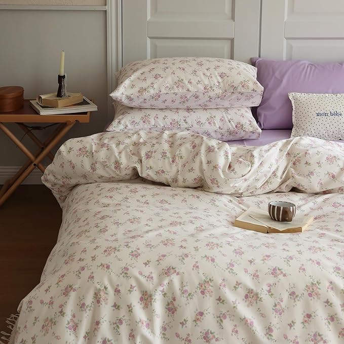 Vintage Garden Floral Comforter Set Full Size Cute Pink Floral Bedding Comforter Soft Fluffy Reversible Botanical Flowers Comforter with 2 Pillowcases Boho Cottagecore Bedding Full Comforter Set