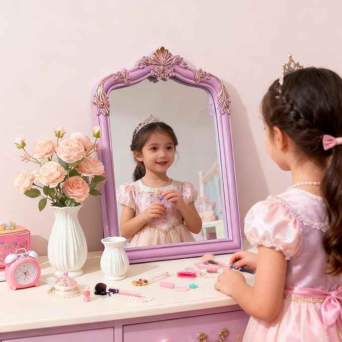 Pink Flower Bow Mirror - 13x10 Inch Perfect Elegant Decorative Accent, Wall-Mounted Tabletop Makeup Mirror for Nursery Baby Room Bedroom Decor