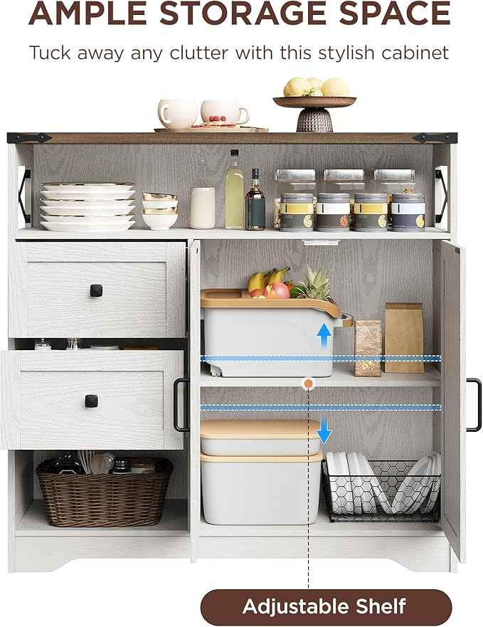 Vabches Farmhouse Buffet Sideboard Cabinet with Drawers and Open Shelf, 38.5" Storage Cabinet with Adjustable Shelves and Door, Modern Coffee Bar Hutch Pantry for Kitchen, Living Room, Entryway, White