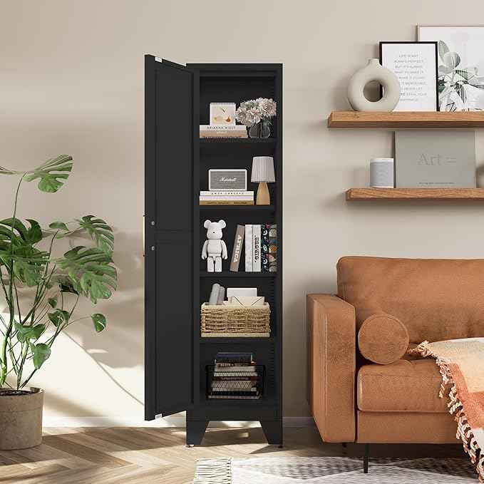 COFaR Tall Bathroom Cabinet, Metal Farmhouse Narrow Slim Storage Cabinet with Adjustable Shelves Barn Door for Bathrooms, Kitchens, Entrances Living Room (Black)