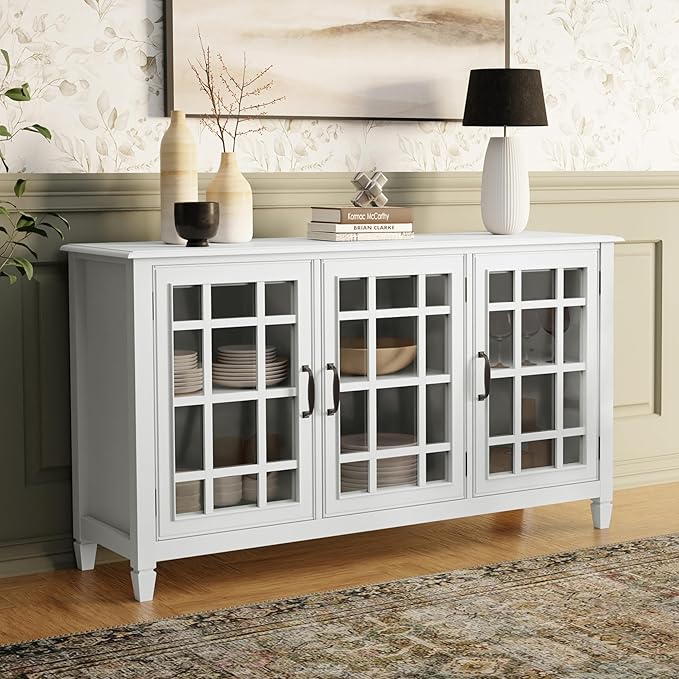 SIMPLIHOME Connaught Storage Cabinet - 60 inch Wide Solid Wood Buffet in White, Traditional Sideboard for Dining Room, Entryway, or Living Room with Glass Doors, Adjustable Shelves, and Notched Legs