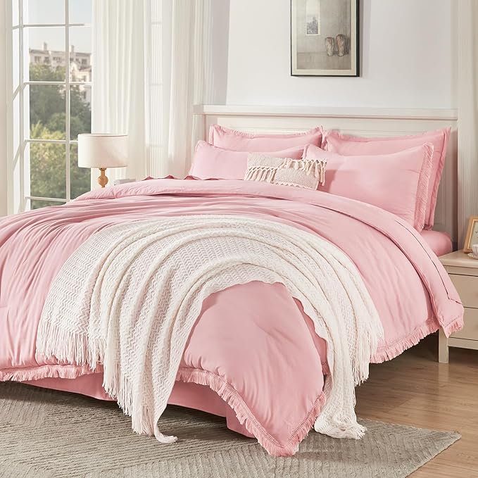 Andency California King Size Comforter Set with Sheets Light Pink - 7 Pieces Cal King Bed in a Bag Boho Bedding Sets, Bed Set with Comforter, Sheets, Pillowcases & Shams