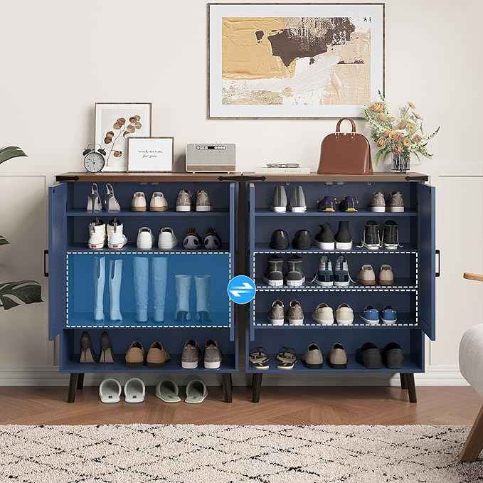 Vabches Farmhouse Shoe Storage Cabinet with Doors, 5 Tier Small Shoe Cabinet with Adjustable Shelves and Metal Legs, 34" Tall Shoe Rack Organizer for Entryway, Foyer, Navy Blue